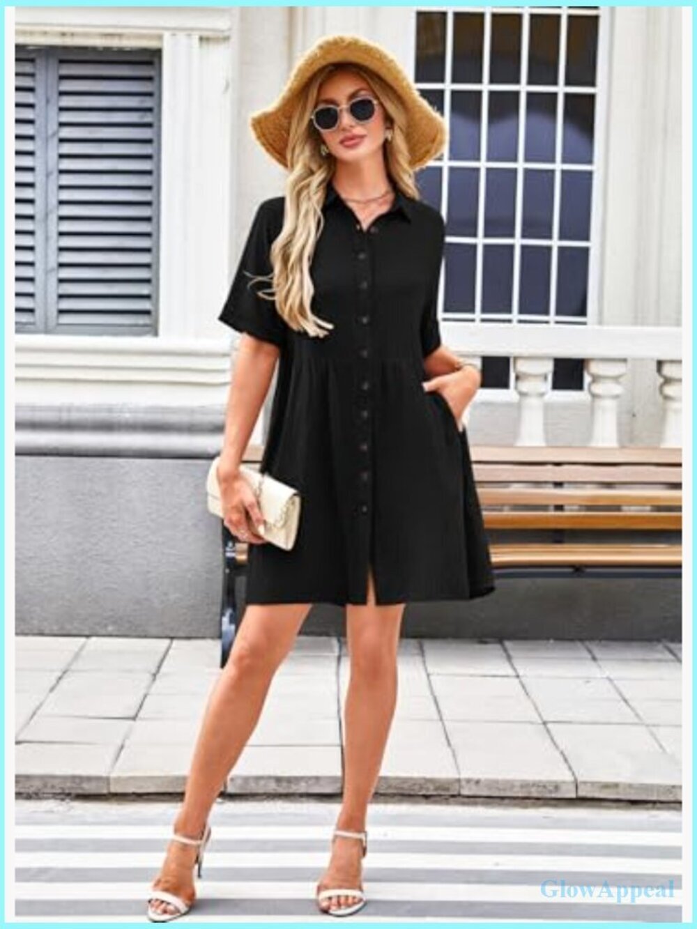Women's Babydoll Dress Short Sleeve Button Down Sundress with Pockets - Picture 6 of 7